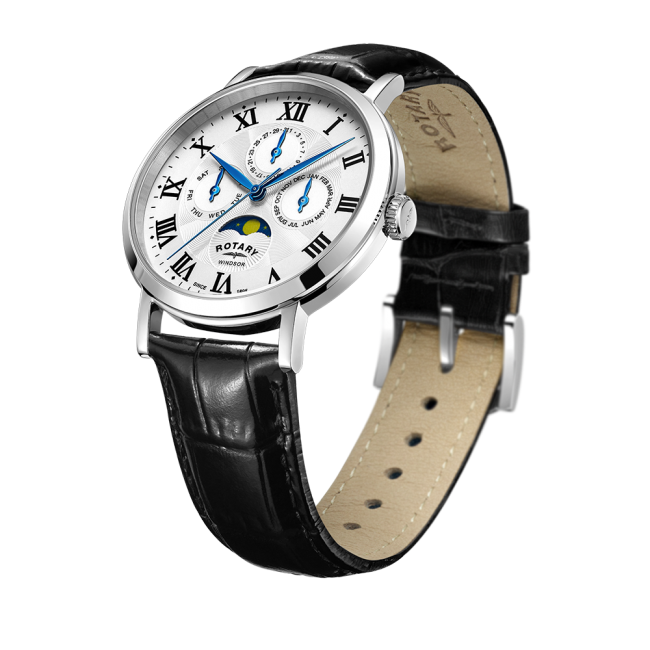 Rotary Gents Moonphase Black Leather Strap Watch