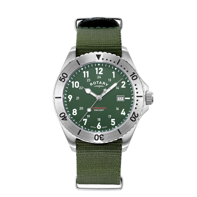 Rotary Gents Stainless Steel 'Commando' Green Nato Strap Watch