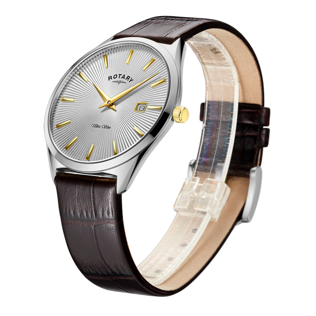 Rotary Gents Stainless Steel Ultra Slim Brown Leather Strap Watch