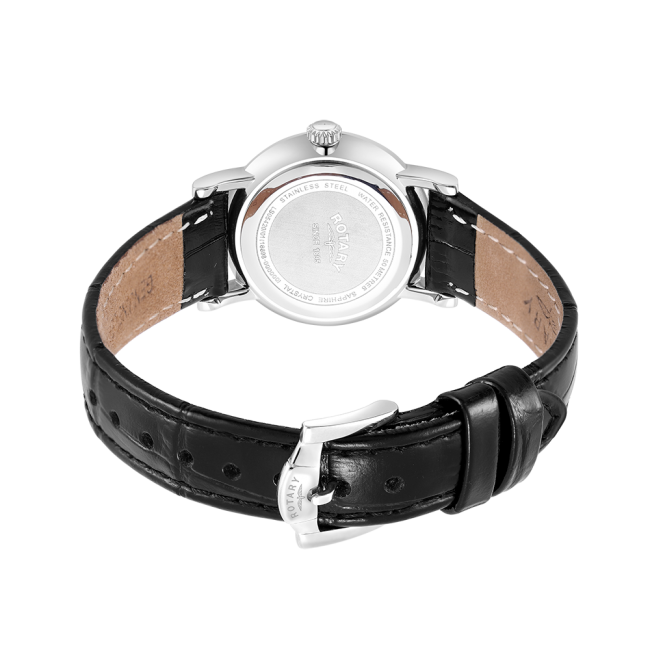 Rotary Ladies Stainless Steel 'Windsor' Black Leather Strap Watch