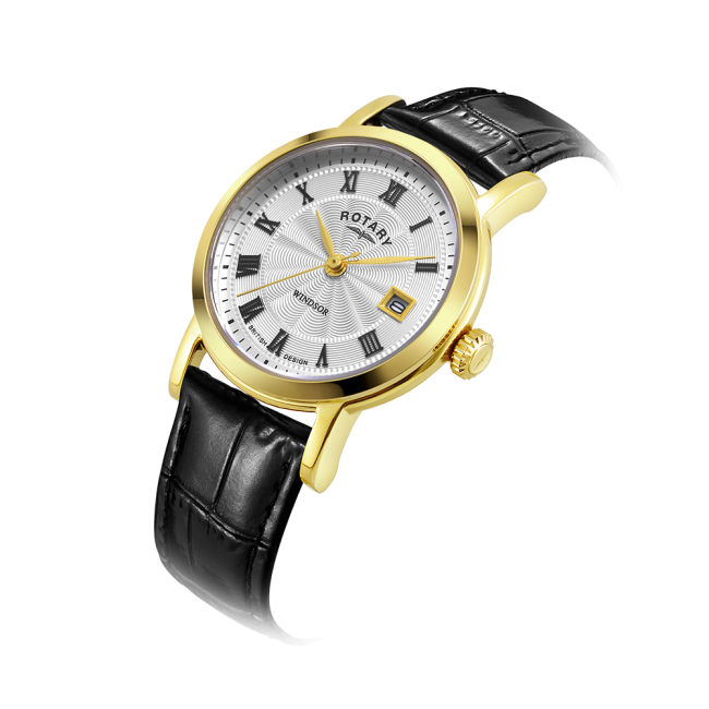 Rotary Ladies Gold Plated 'Windsor' Black Leather Strap Watch