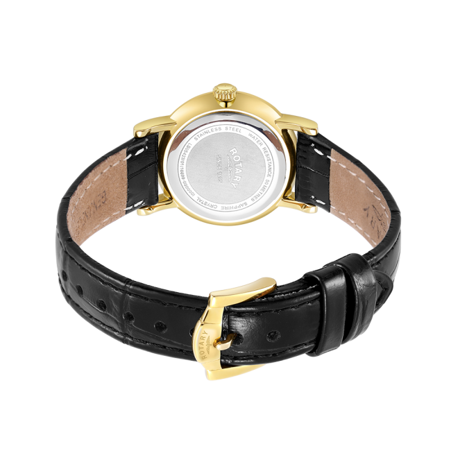 Rotary Ladies Gold Plated 'Windsor' Black Leather Strap Watch