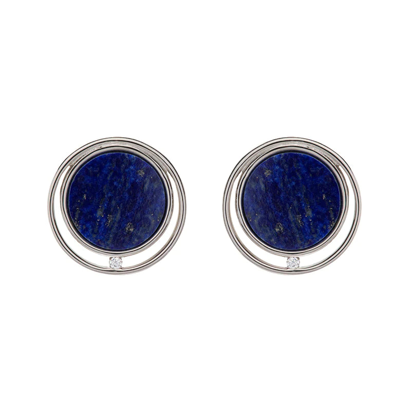 Unique Ladies Sterling Silver Round Lapis & CZ Stud Earrings