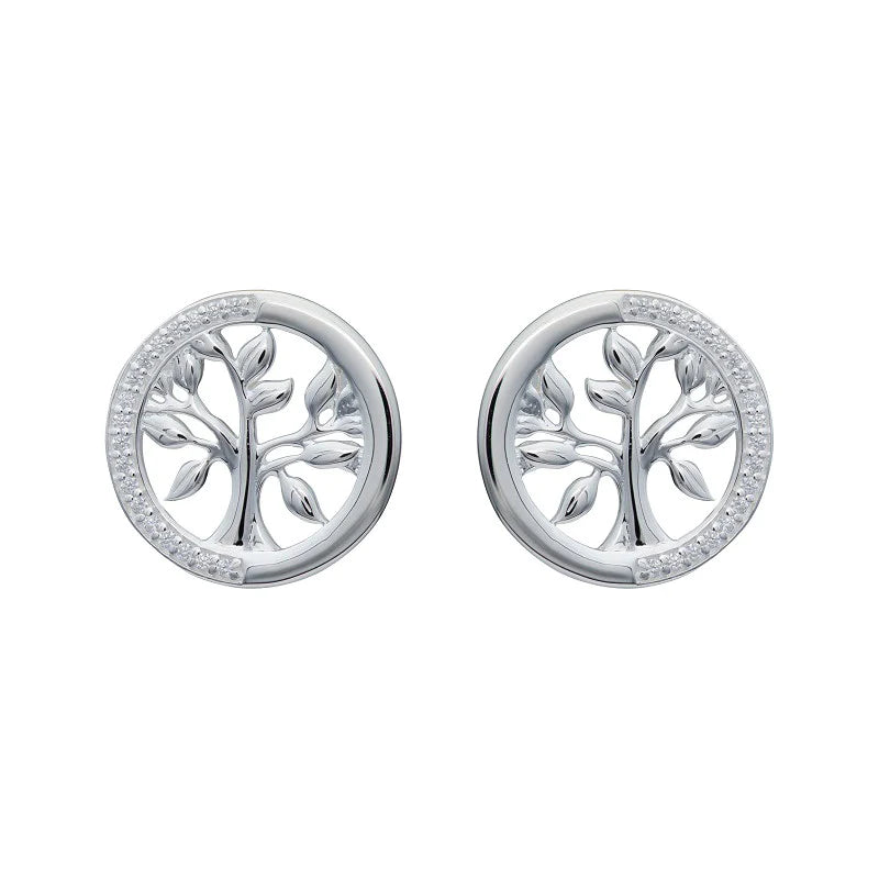 Unique Ladies Sterling Silver Tree Of Life CZ Stud Earrings
