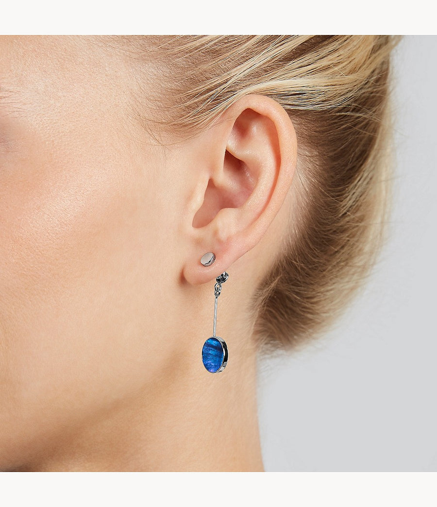 Skagen Steel Mother of Pearl Disk Drop Earrings