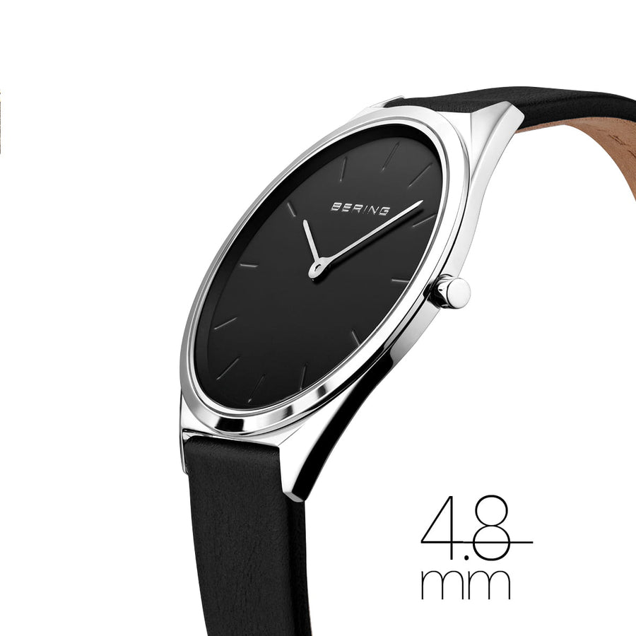 Bering Stainless Steel Watch with Black Leather Strap