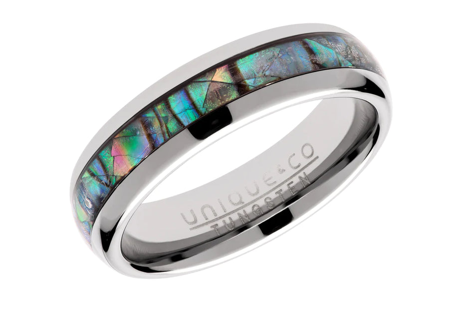 Unique Gents Tungsten Abalone Shell Inlay Ring