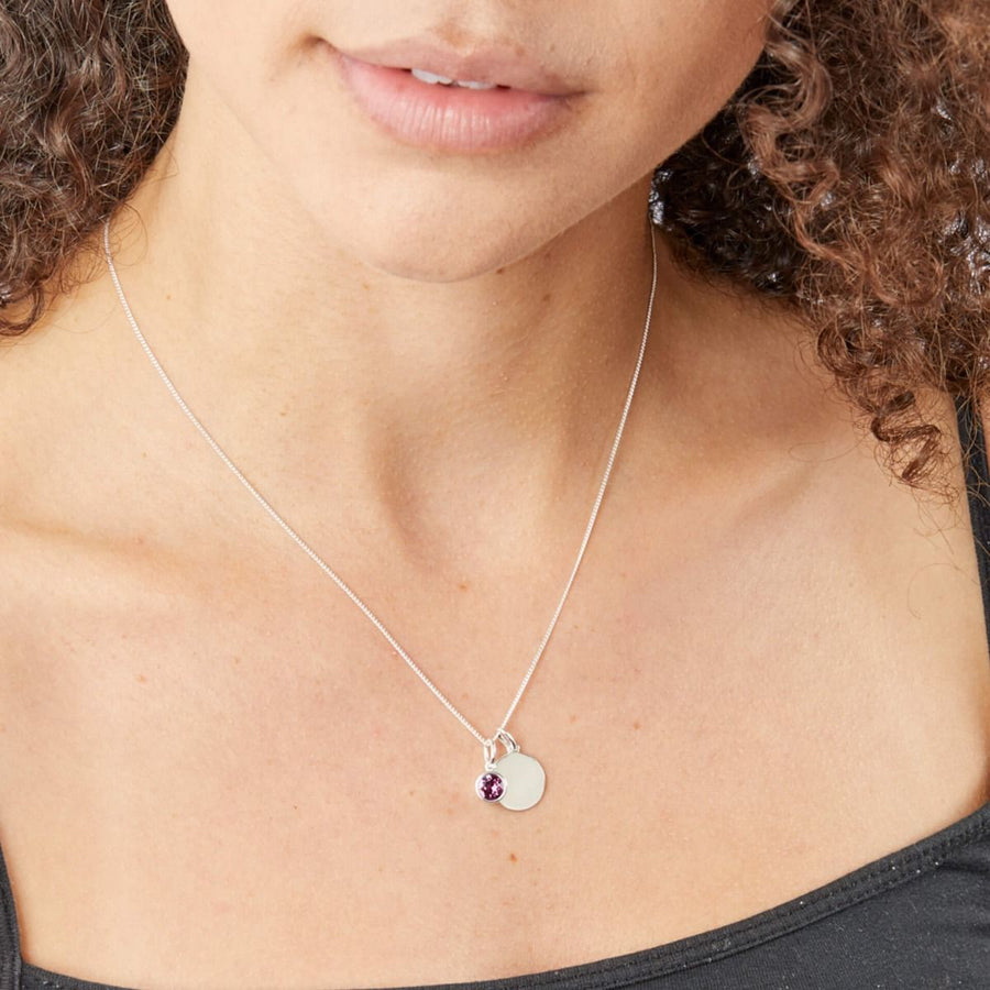 Sterling Silver February Birthstone Pendant & Disk With Chain