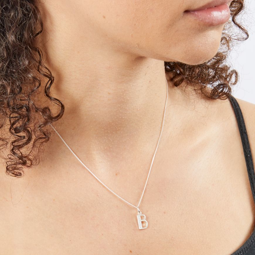Sterling Silver CZ Art Deco 'B' Initial Pendant With Chain