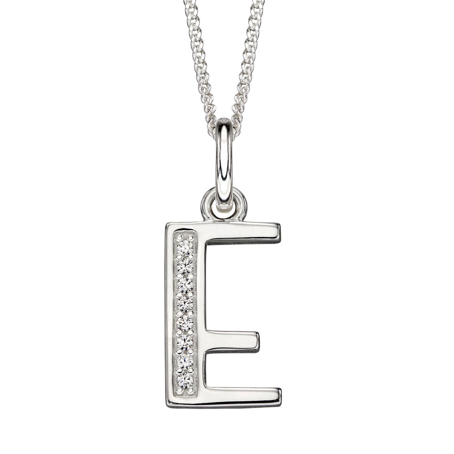 Sterling Silver CZ Art Deco 'E' Initial Pendant With Chain