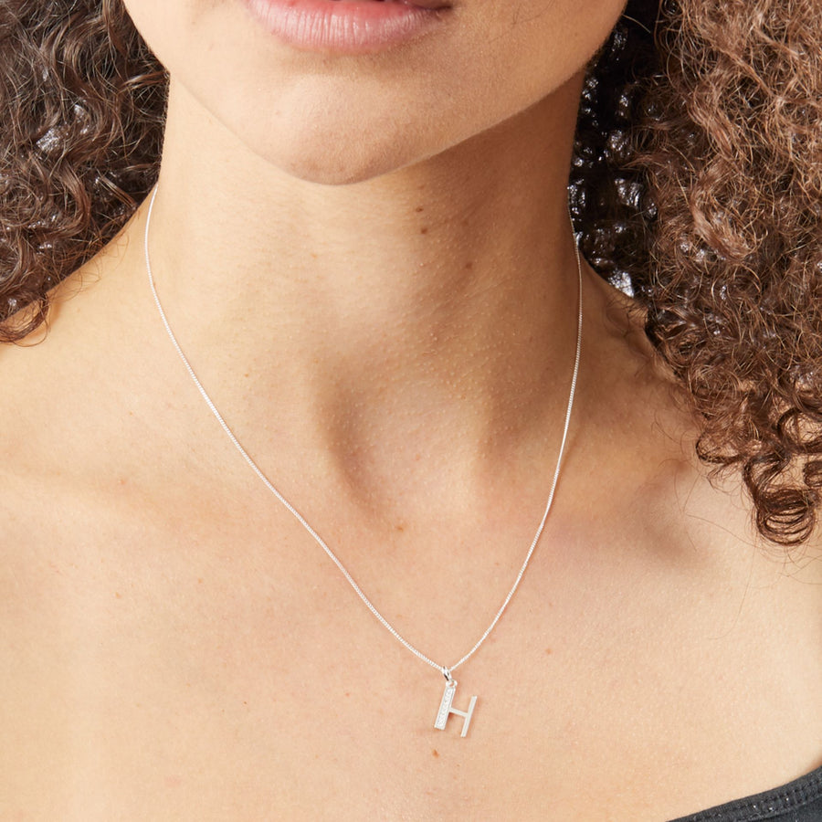 Sterling Silver CZ Art Deco 'H' Initial Pendant With Chain