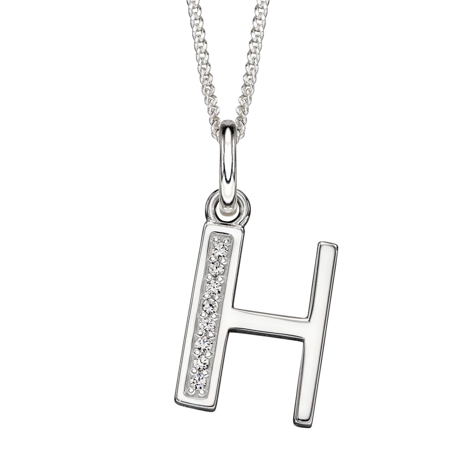 Sterling Silver CZ Art Deco 'H' Initial Pendant With Chain