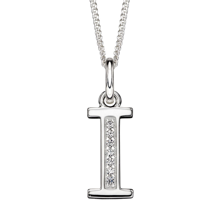 Sterling Silver CZ Art Deco 'I' Initial Pendant With Chain
