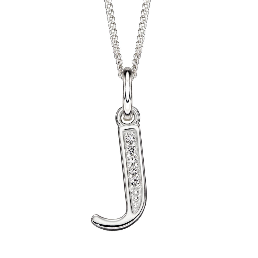 Sterling Silver CZ Art Deco 'J' Initial Pendant With Chain