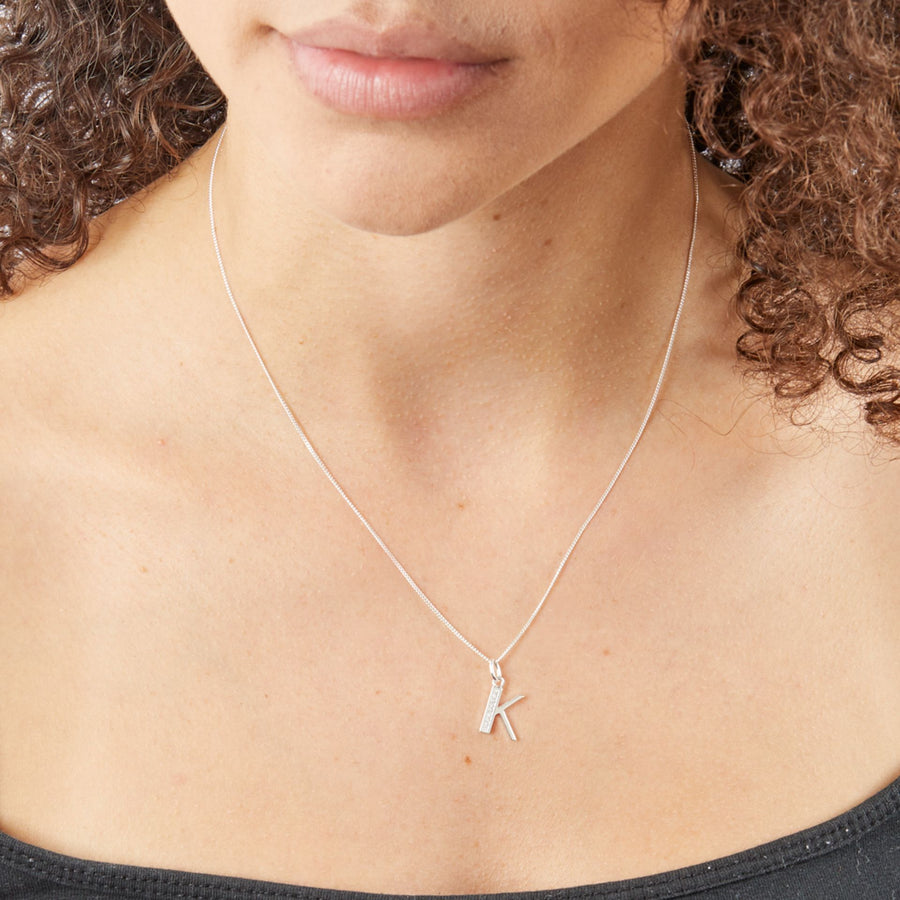 Sterling Silver CZ Art Deco 'K' Initial Pendant With Chain