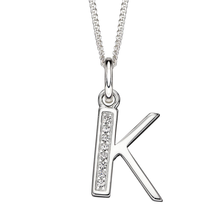 Sterling Silver CZ Art Deco 'K' Initial Pendant With Chain