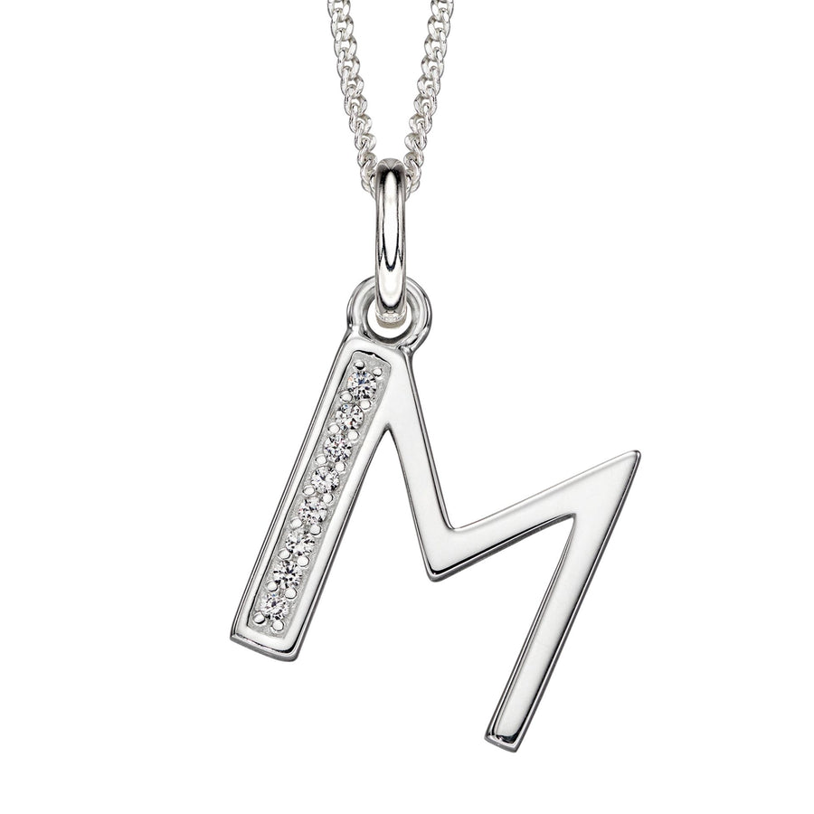 Sterling Silver CZ Art Deco 'M' Initial Pendant With Chain