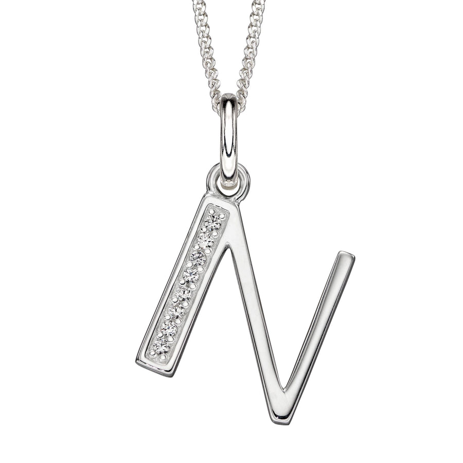 Sterling Silver CZ Art Deco 'N' Initial Pendant With Chain
