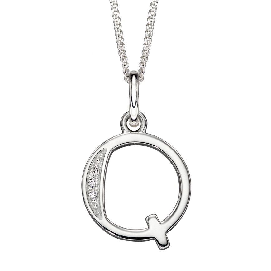 Sterling Silver CZ Art Deco 'Q' Initial Pendant With Chain