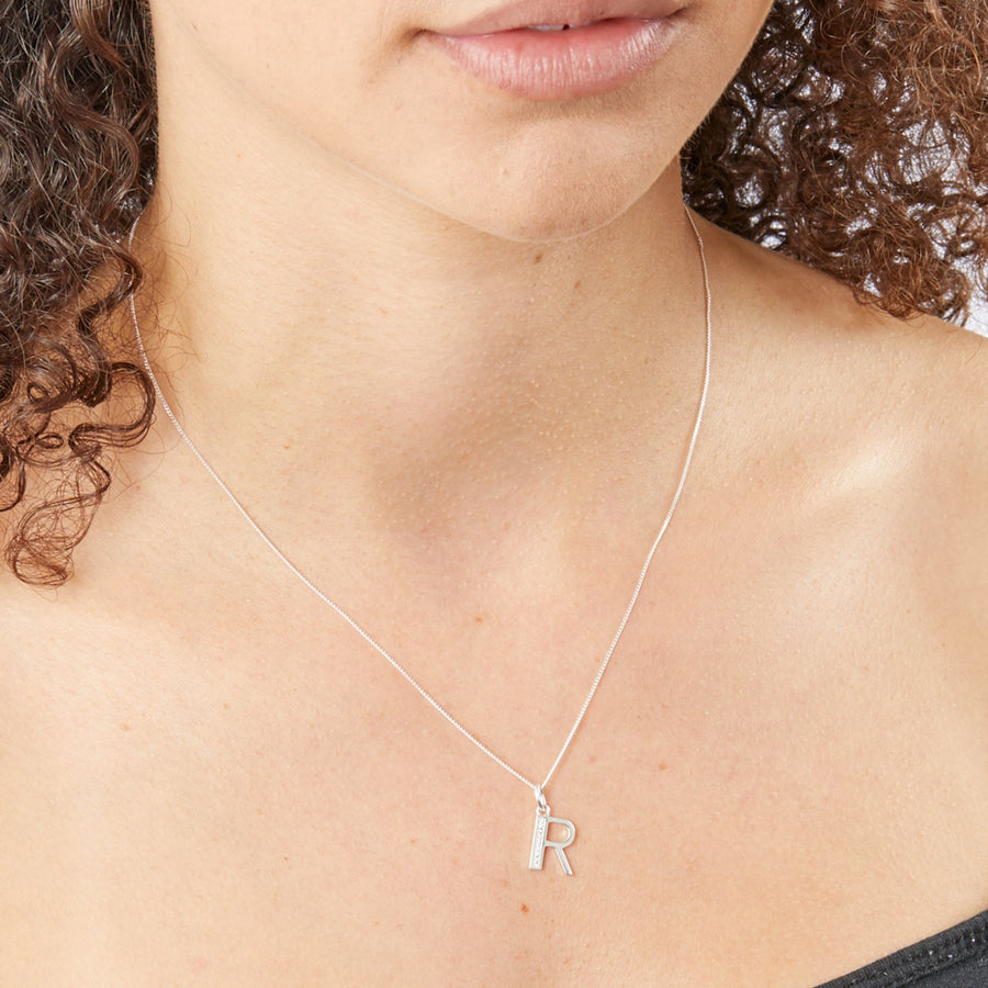 Sterling Silver CZ Art Deco 'R' Initial Pendant With Chain