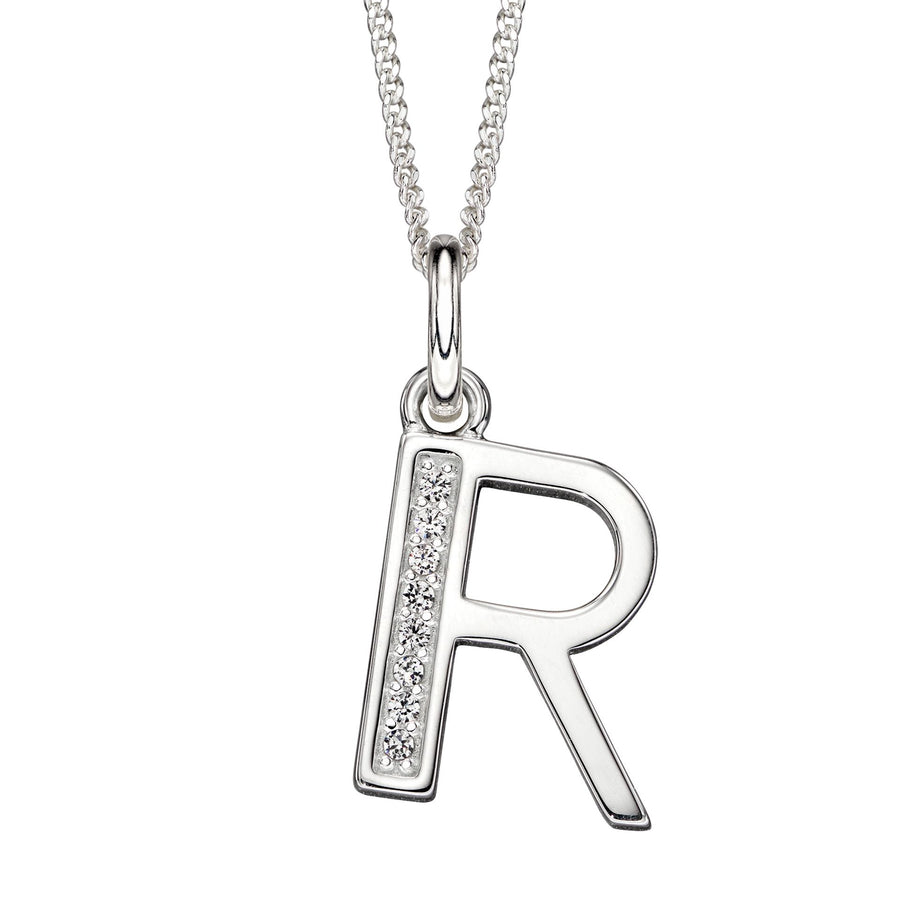 Sterling Silver CZ Art Deco 'R' Initial Pendant With Chain