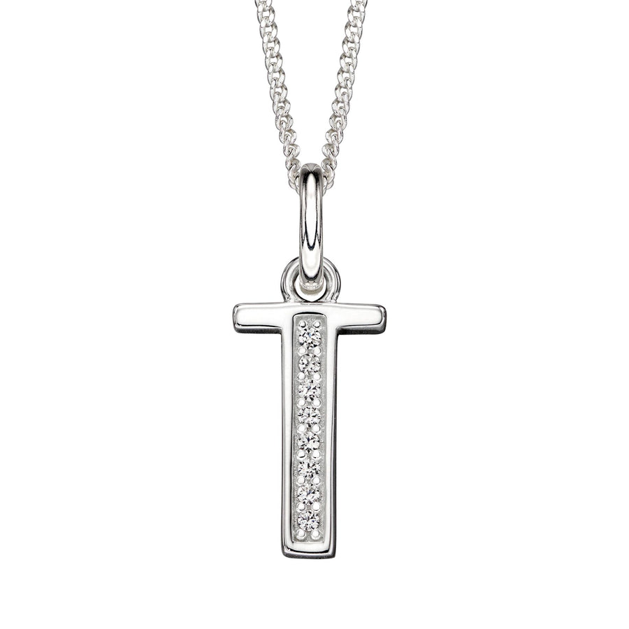 Sterling Silver CZ Art Deco 'T' Initial Pendant With Chain