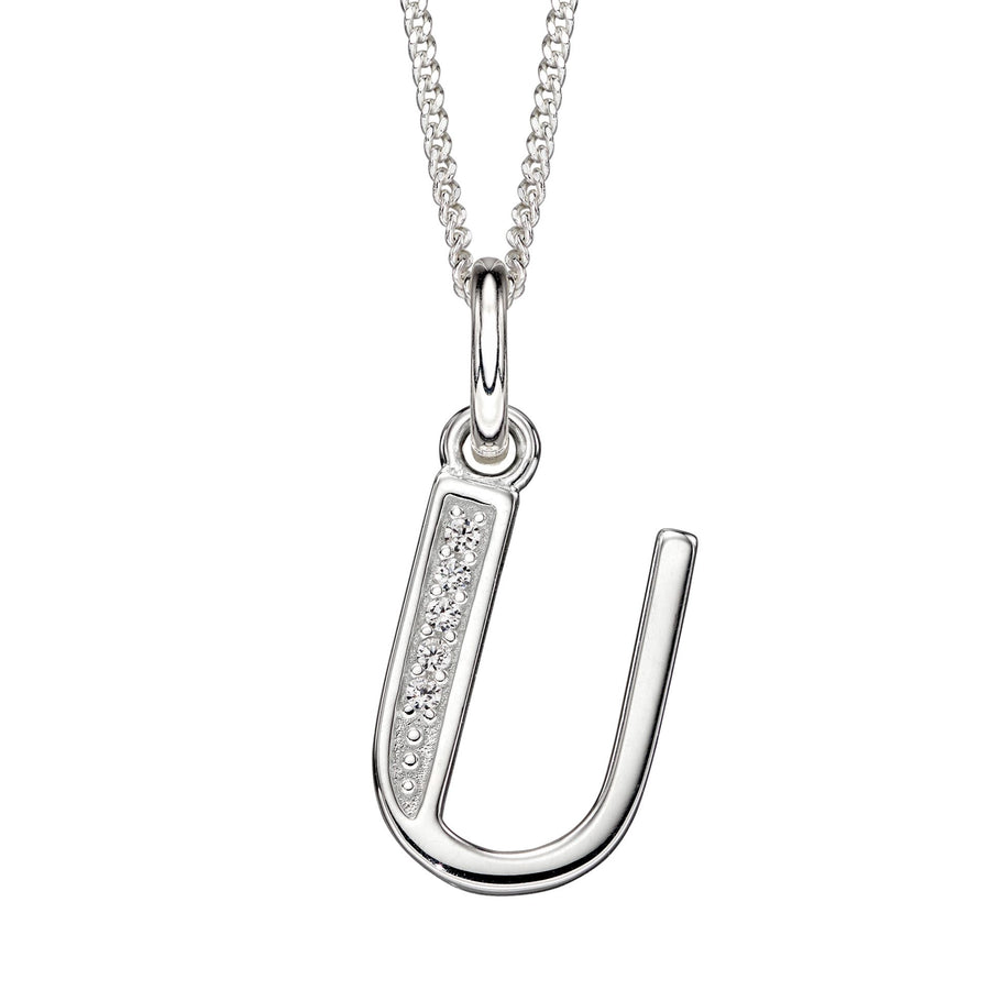Sterling Silver CZ Art Deco 'U' Initial Pendant With Chain