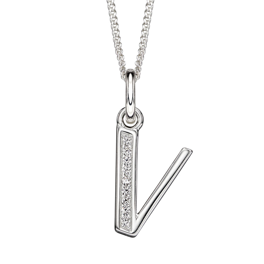Sterling Silver CZ Art Deco 'V' Initial Pendant With Chain