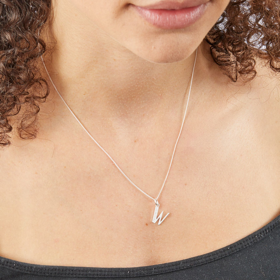 Sterling Silver CZ Art Deco 'W' Initial Pendant With Chain