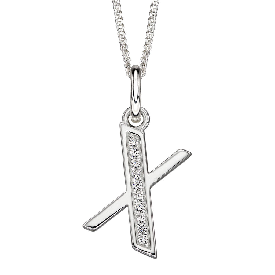 Sterling Silver CZ Art Deco 'X' Initial Pendant With Chain
