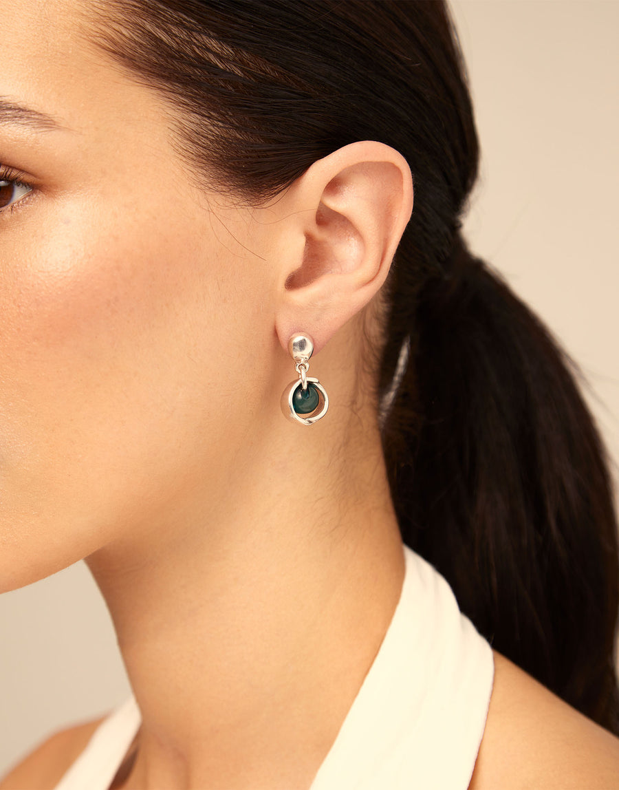 Silver Plated Dark Green Resin Stud Earrings