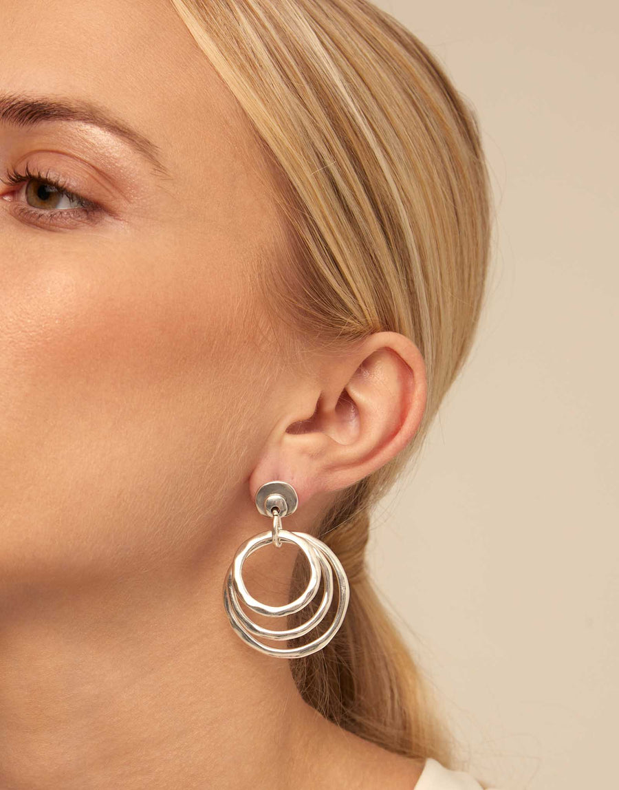 Silver Plated Open Circle Triple Hoop Drop Earrings