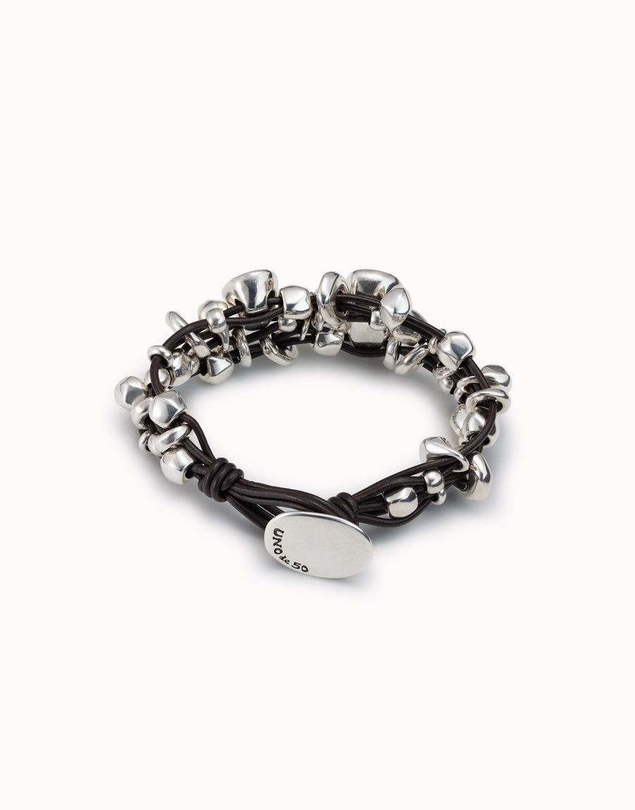 Silver Plated & Leather Beaded Crystal Bracelet