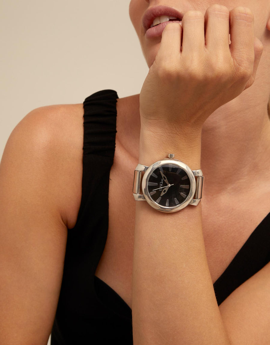 Silver Plated Unisex Black Dial Bangle Watch